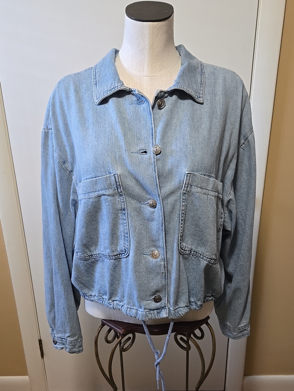 Divided Light Blue Denim Button-Down Drawstring Waist Jacket Size L NWOT